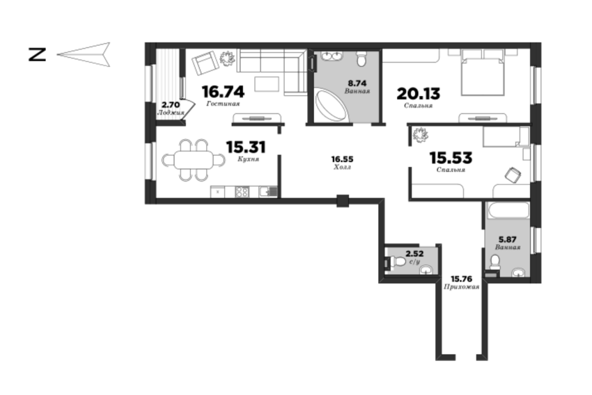 NEVA HAUS, Корпус 1, 3 спальни, 118.5 м² | планировка элитных квартир Санкт-Петербурга | М16